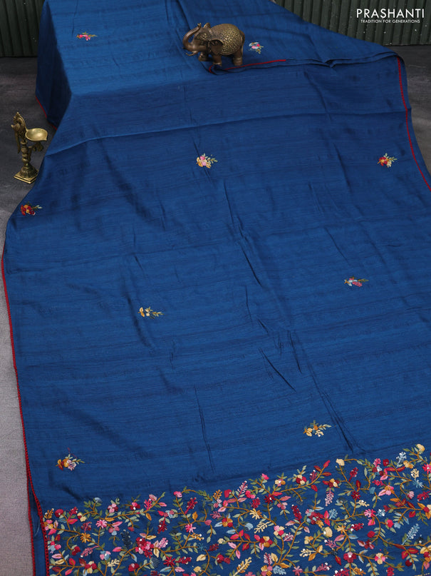Semi tussar saree peacock blue with embroided buttas and embroidery pallu