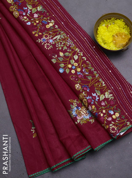 Semi tussar saree maroon with embroided buttas and embroidery pallu