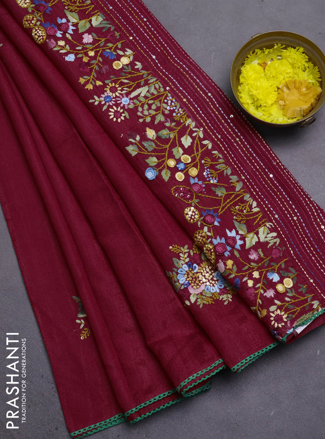 Semi tussar saree maroon with embroided buttas and embroidery pallu