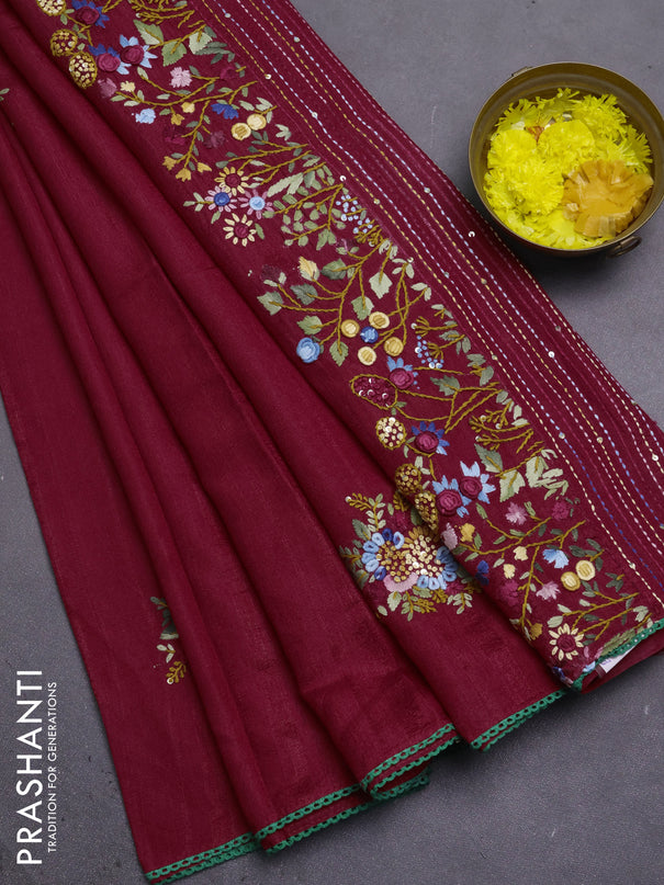 Semi tussar saree maroon with embroided buttas and embroidery pallu