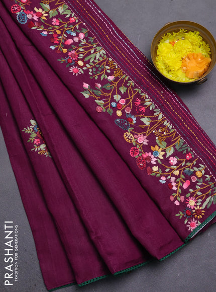 Semi tussar saree purple with embroided buttas and embroidery pallu
