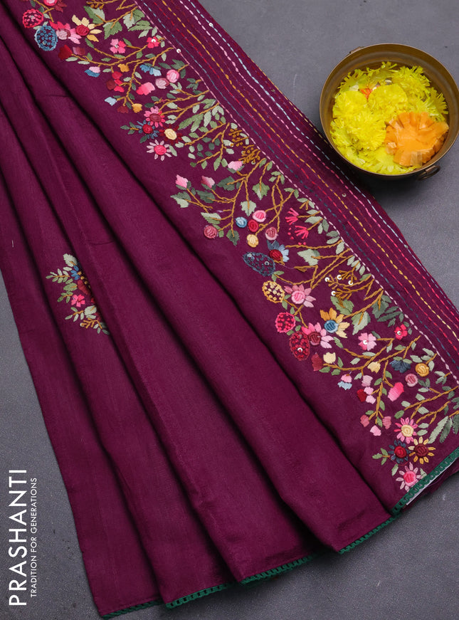 Semi tussar saree purple with embroided buttas and embroidery pallu