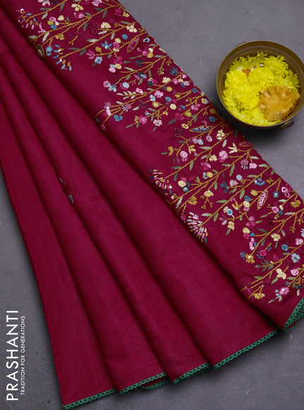 Semi tussar saree dark pink with embroided buttas and embroidery pallu