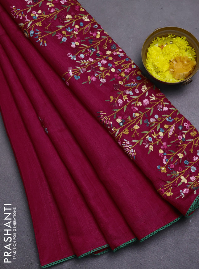 Semi tussar saree dark pink with embroided buttas and embroidery pallu