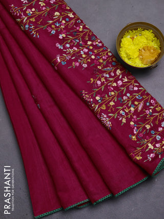 Semi tussar saree dark pink with embroided buttas and embroidery pallu