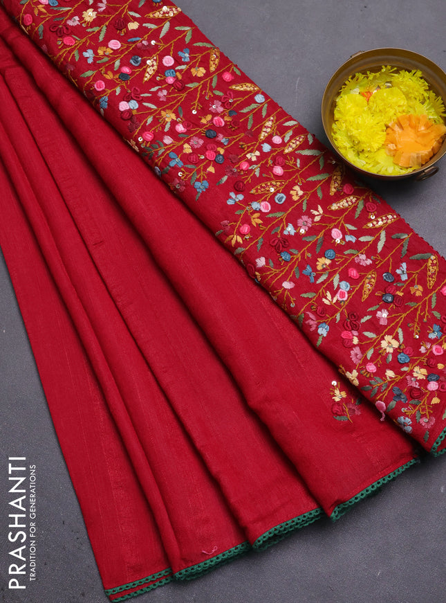 Semi tussar saree maroon with embroided buttas and embroidery pallu
