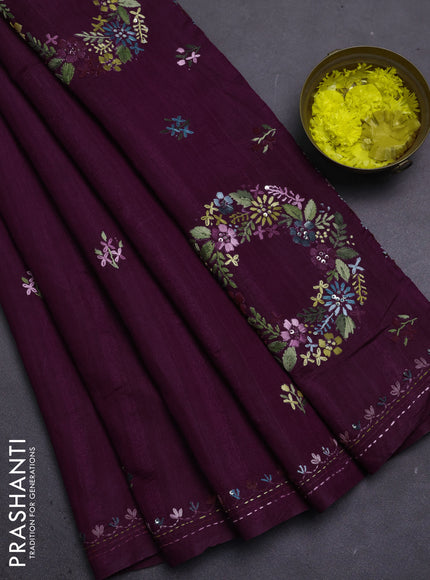 Semi tussar saree purple with embroided buttas and embroidery pallu