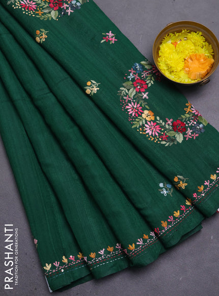Semi tussar saree green with embroided buttas and embroidery pallu