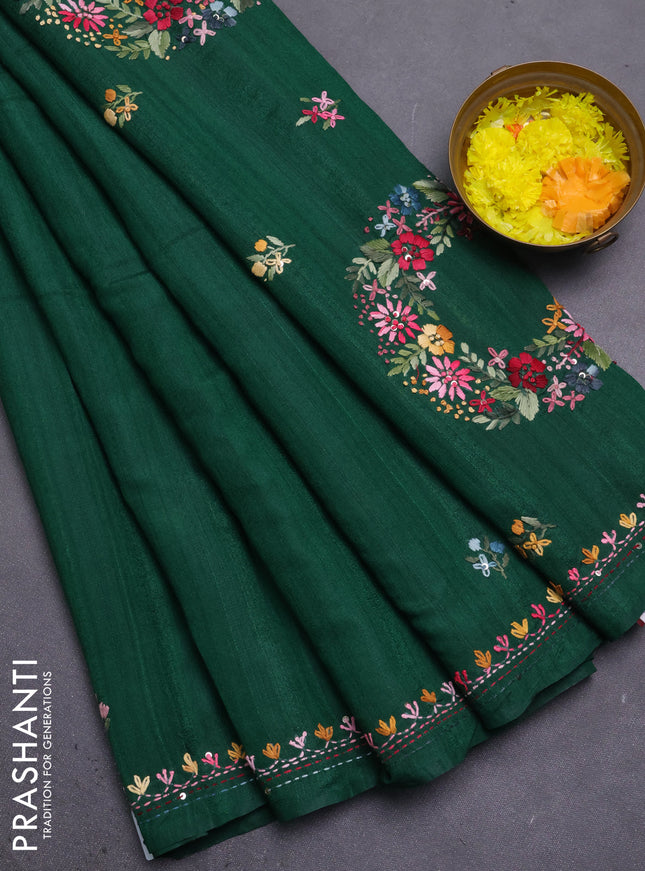 Semi tussar saree green with embroided buttas and embroidery pallu