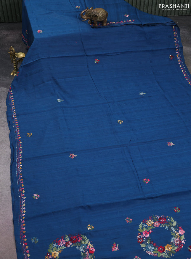 Semi tussar saree peacock blue with embroided buttas and embroidery pallu