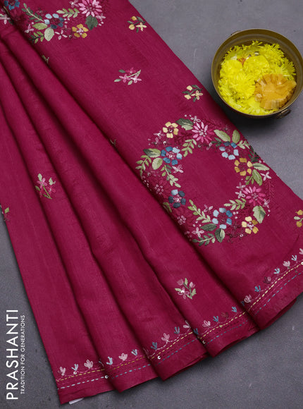 Semi tussar saree dark pink with embroided buttas and embroidery pallu
