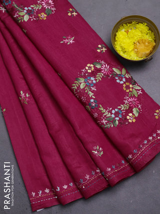 Semi tussar saree dark pink with embroided buttas and embroidery pallu