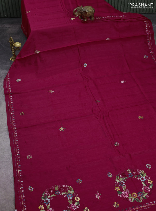 Semi tussar saree dark pink with embroided buttas and embroidery pallu