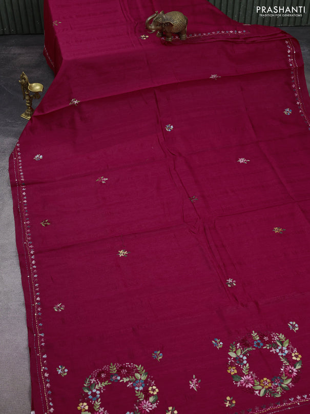 Semi tussar saree dark pink with embroided buttas and embroidery pallu