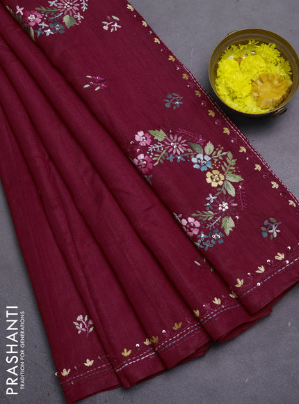 Semi tussar saree maroon with embroided buttas and embroidery pallu