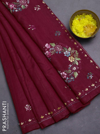 Semi tussar saree maroon with embroided buttas and embroidery pallu