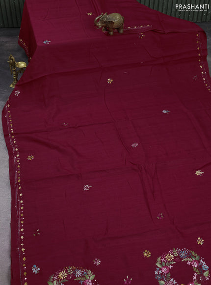 Semi tussar saree maroon with embroided buttas and embroidery pallu
