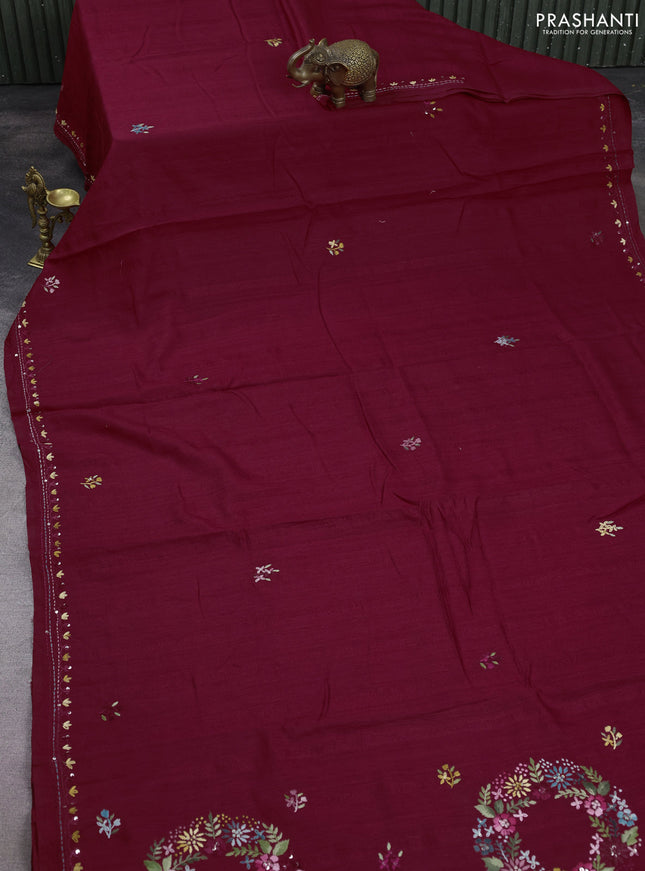 Semi tussar saree maroon with embroided buttas and embroidery pallu