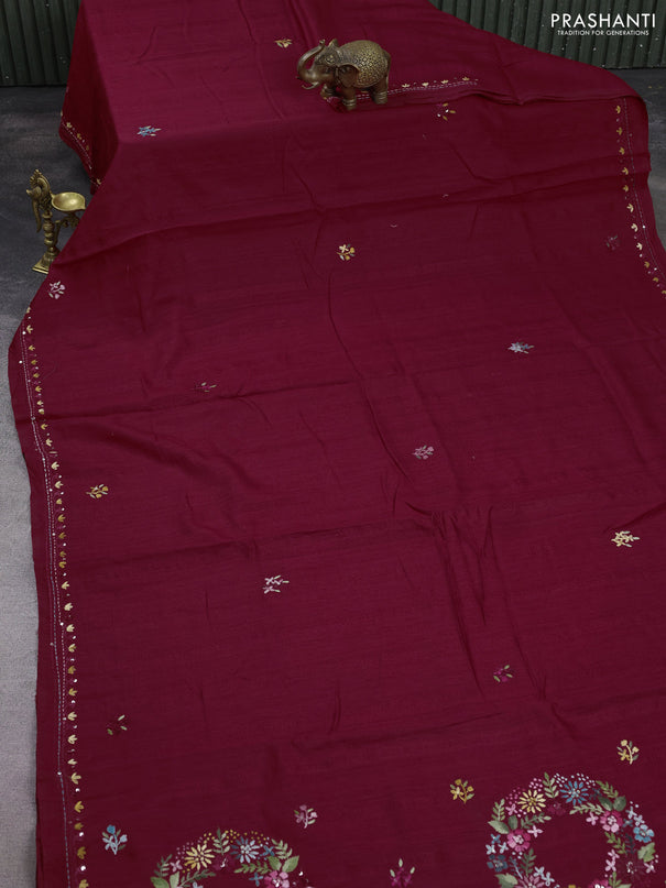 Semi tussar saree maroon with embroided buttas and embroidery pallu