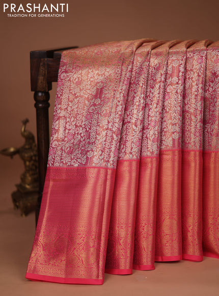 Pure kanchipuram tissue silk saree candy pink with allover silver zari woven brocade weaves and zari woven border