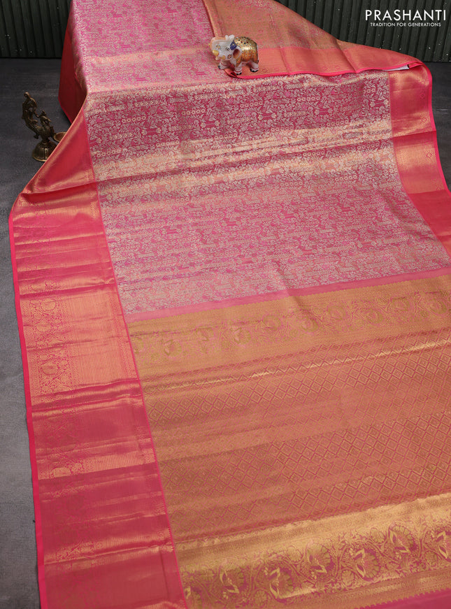 Pure kanchipuram tissue silk saree candy pink with allover silver zari woven brocade weaves and zari woven border