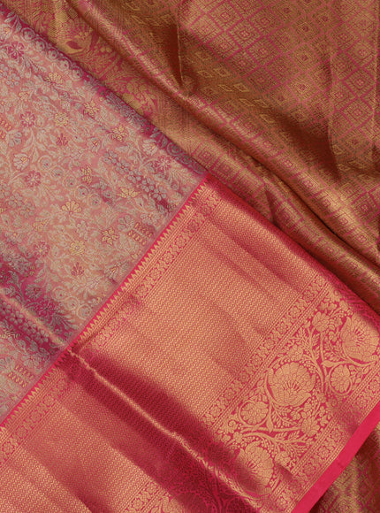 Pure kanchipuram tissue silk saree candy pink with allover silver zari woven brocade weaves and zari woven border
