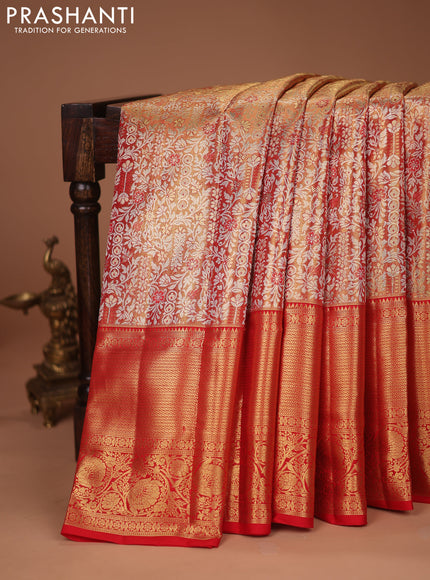 Pure kanchipuram tissue silk saree dual shade of gold and red with allover silver zari woven brocade weaves and zari woven border