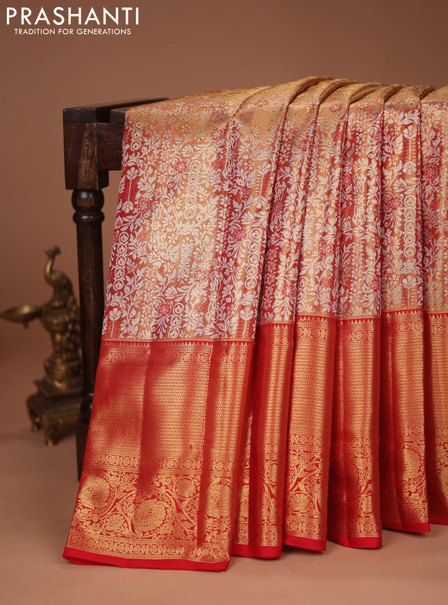 Pure kanchipuram tissue silk saree dual shade of gold and red with allover silver zari woven brocade weaves and zari woven border