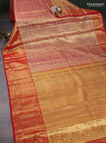 Pure kanchipuram tissue silk saree dual shade of gold and red with allover silver zari woven brocade weaves and zari woven border