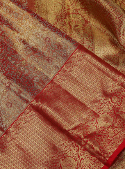 Pure kanchipuram tissue silk saree dual shade of gold and red with allover silver zari woven brocade weaves and zari woven border