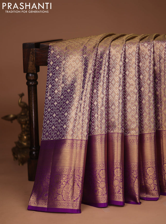 Pure kanchipuram tissue silk saree dual shade of purple with allover zari woven brocade weaves and zari woven border