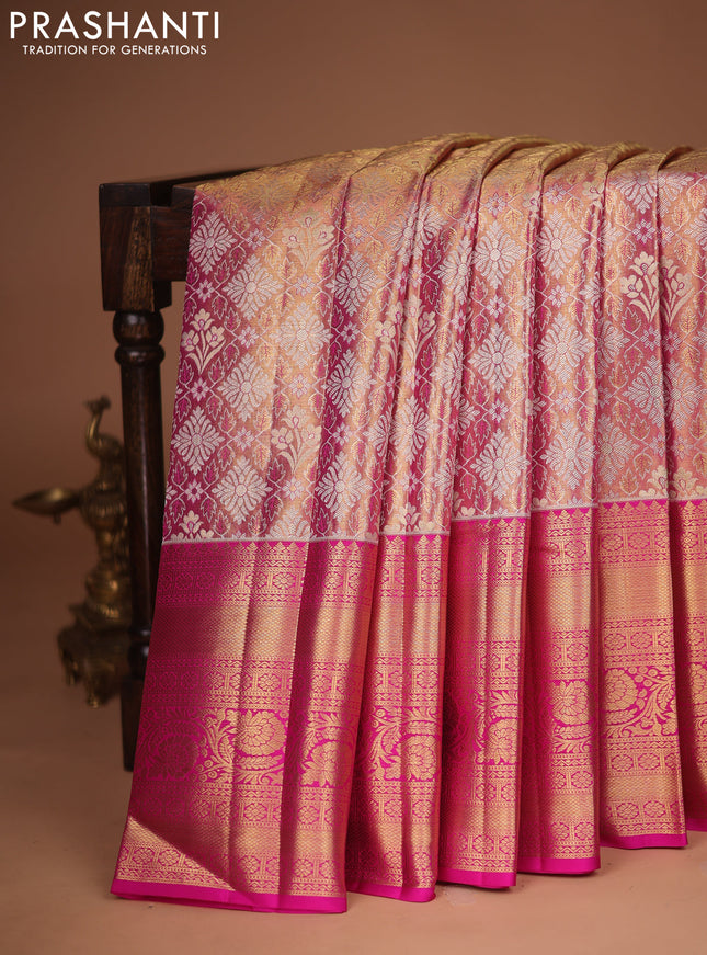 Pure kanchipuram tissue silk saree dual shade of pink with allover zari woven brocade weaves and zari woven border
