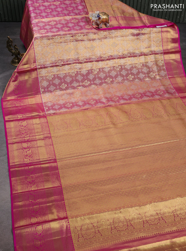 Pure kanchipuram tissue silk saree dual shade of pink with allover zari woven brocade weaves and zari woven border