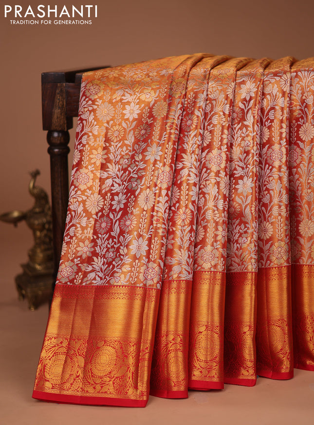 Pure kanchipuram tissue silk saree dual shade of gold and red with allover silver zari woven brocade weaves and zari woven border
