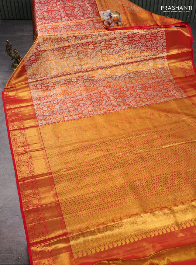 Pure kanchipuram tissue silk saree dual shade of gold and red with allover silver zari woven brocade weaves and zari woven border