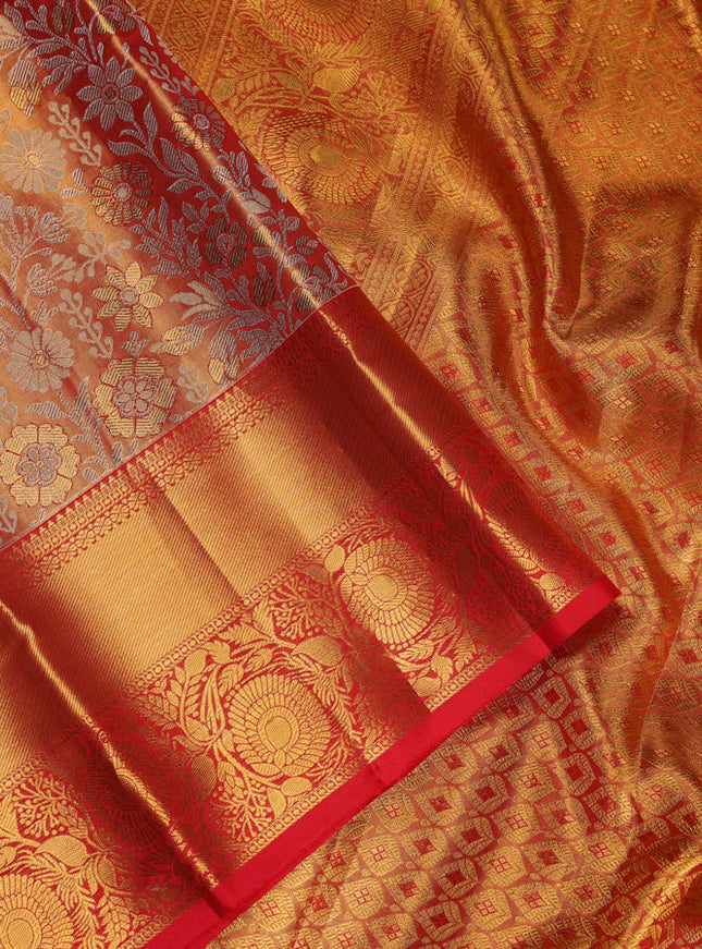 Pure kanchipuram tissue silk saree dual shade of gold and red with allover silver zari woven brocade weaves and zari woven border