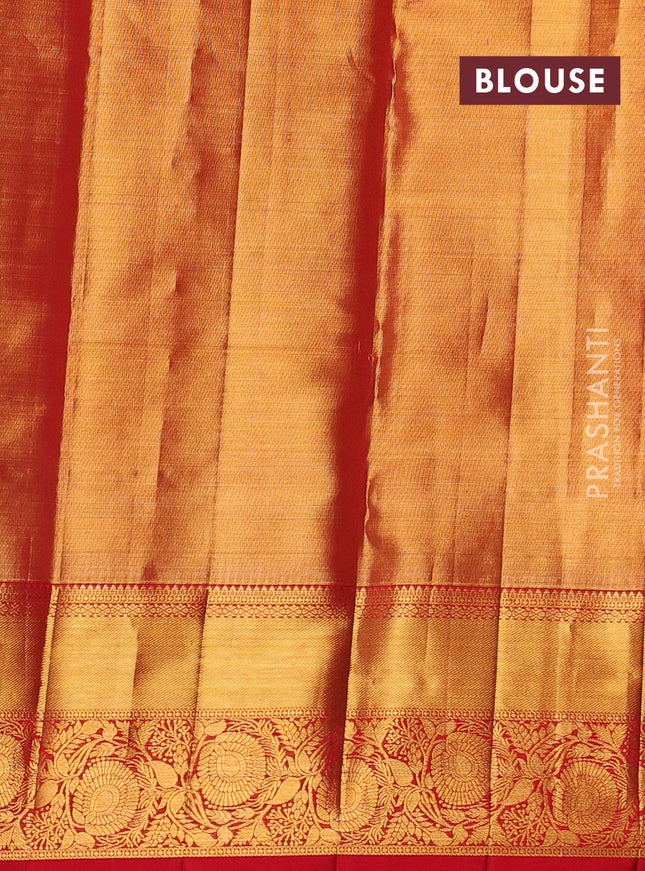 Pure kanchipuram tissue silk saree dual shade of gold and red with allover silver zari woven brocade weaves and zari woven border