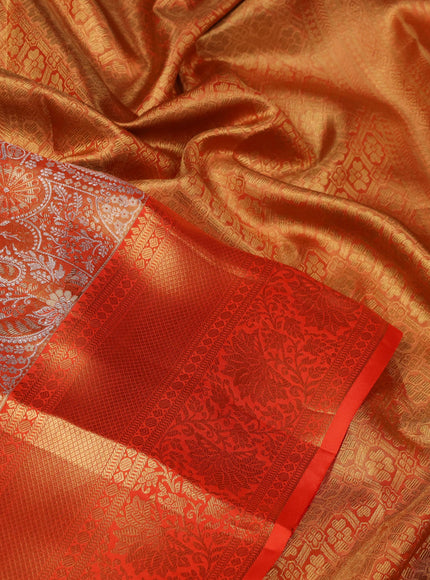 Pure kanchipuram tissue silk saree orange with allover silver zari woven brocade weaves and zari woven border