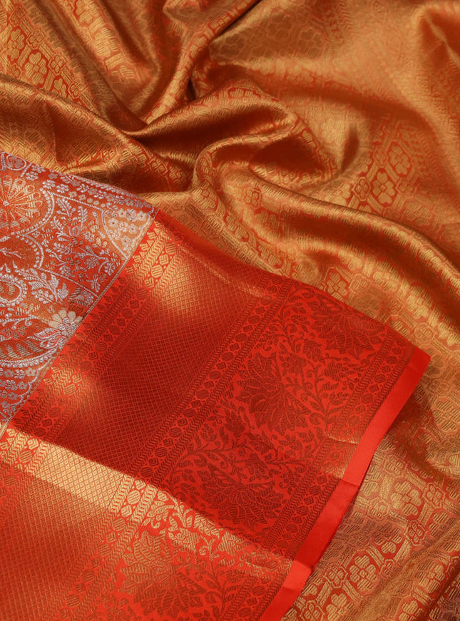 Pure kanchipuram tissue silk saree orange with allover silver zari woven brocade weaves and zari woven border