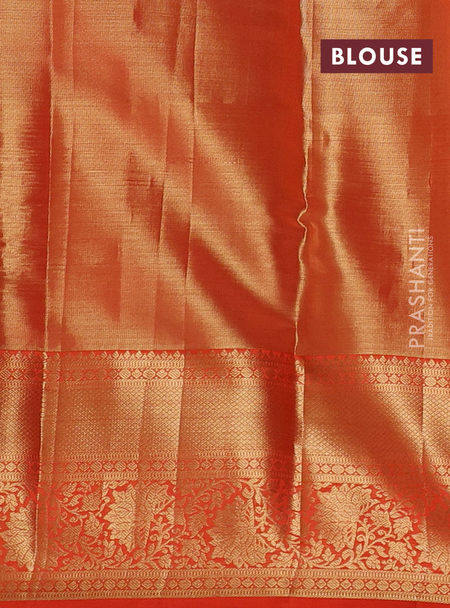 Pure kanchipuram tissue silk saree orange with allover silver zari woven brocade weaves and zari woven border