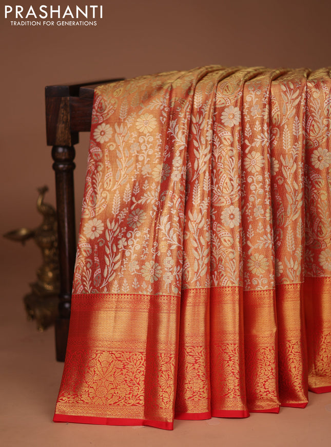 Pure kanchipuram tissue silk saree red with allover zari woven brocade weaves and zari woven border