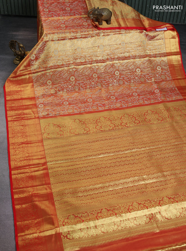 Pure kanchipuram tissue silk saree red with allover zari woven brocade weaves and zari woven border