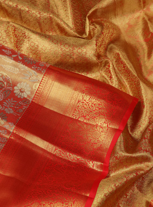 Pure kanchipuram tissue silk saree red with allover zari woven brocade weaves and zari woven border