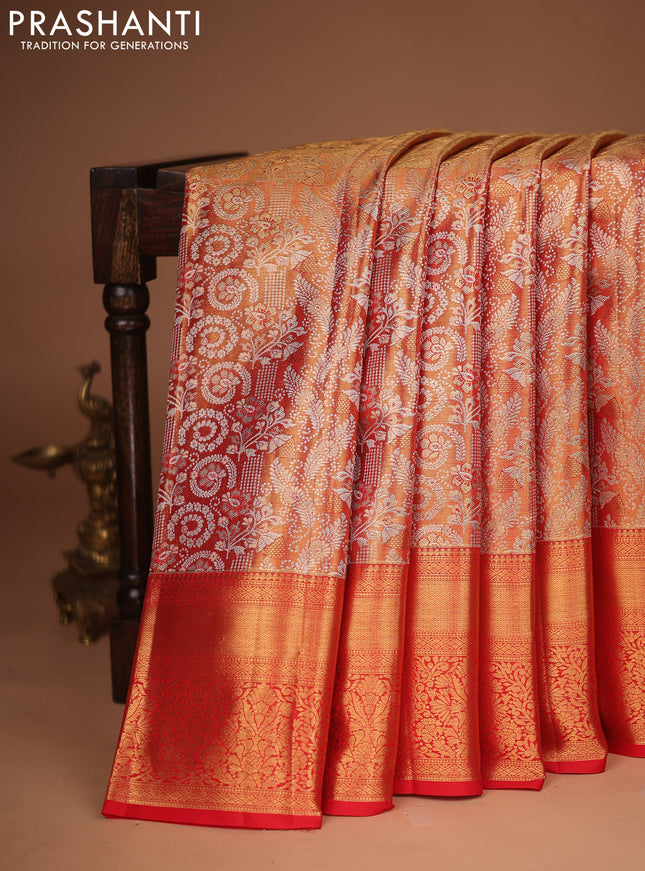 Pure kanchipuram tissue silk saree red with allover silver zari woven brocade weaves and zari woven border