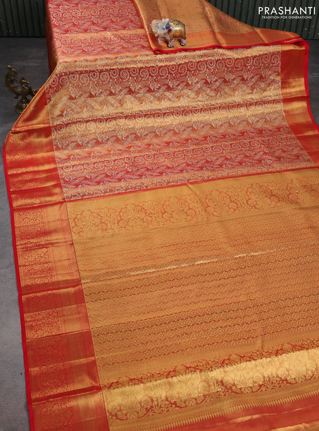 Pure kanchipuram tissue silk saree red with allover silver zari woven brocade weaves and zari woven border