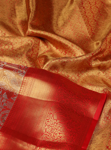 Pure kanchipuram tissue silk saree red with allover silver zari woven brocade weaves and zari woven border