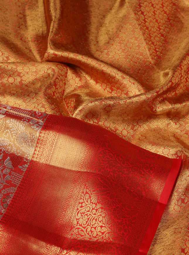 Pure kanchipuram tissue silk saree red with allover silver zari woven brocade weaves and zari woven border
