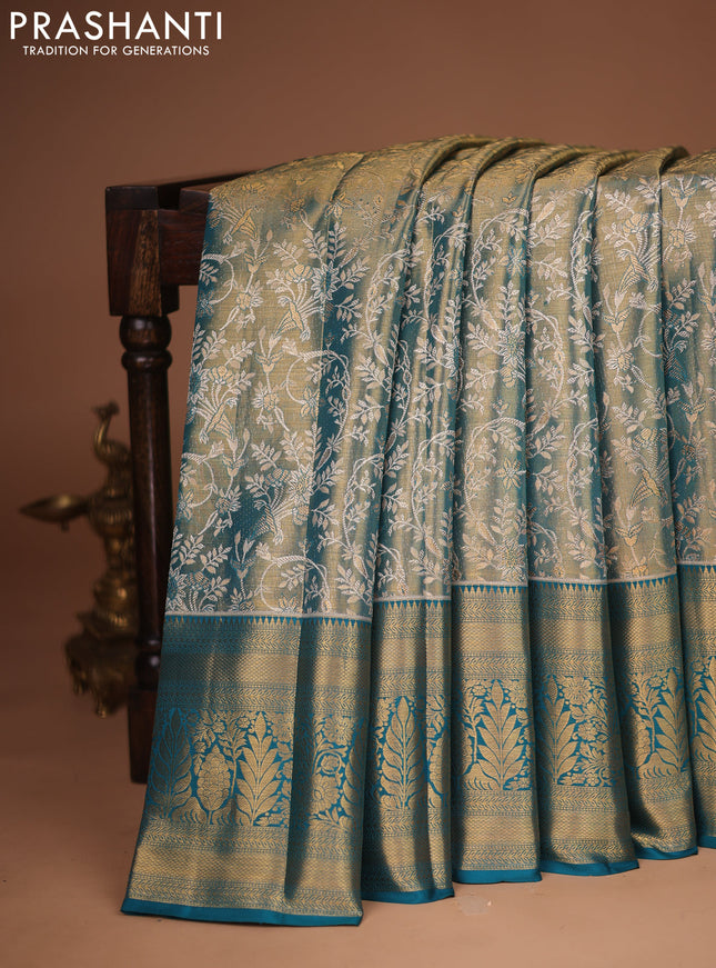 Pure kanchipuram tissue silk saree dual shade of cs blue with allover zari woven brocade weaves and zari woven border
