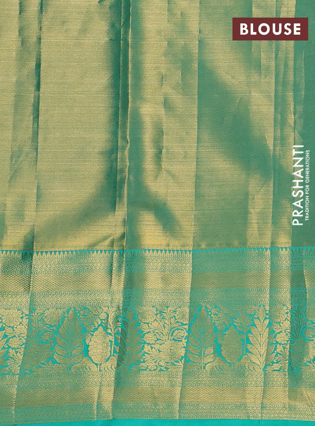 Pure kanchipuram tissue silk saree teal green with allover silver zari woven brocade weaves and zari woven border