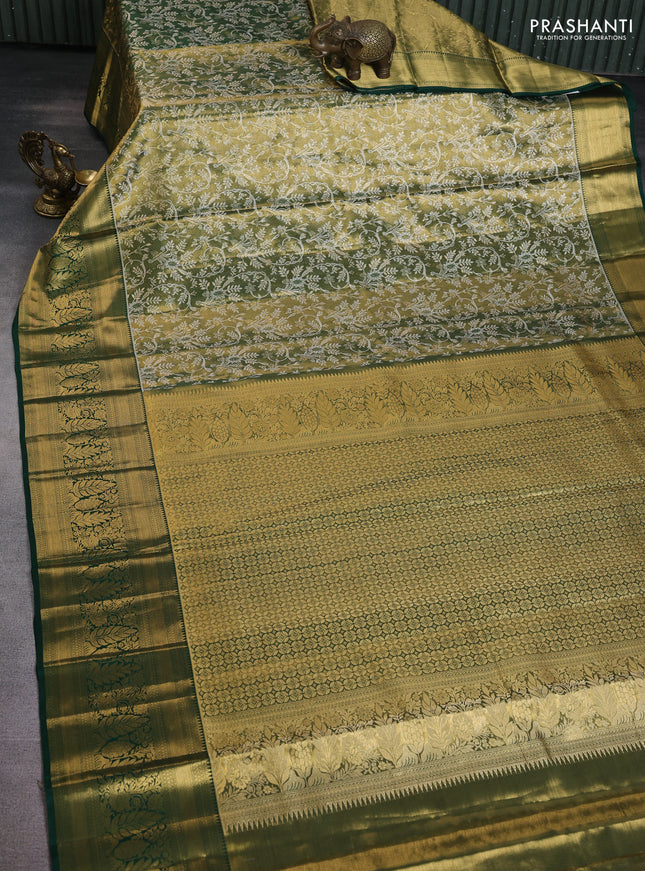 Pure kanchipuram tissue silk saree green with allover zari woven brocade weaves and zari woven border